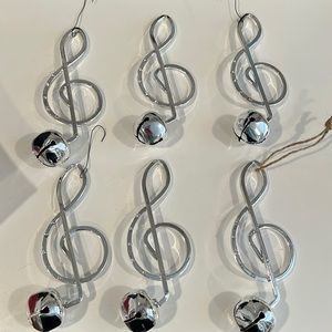 Treble Clef Hanging Ornaments - Set of six silver with bells
